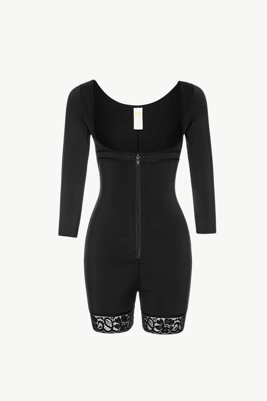 Full Size Zip Up Lace Detail Long Sleeve Shapewear